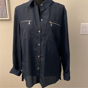 Jones New York Navy Blue Button-Up Shirt with Zipper Pockets